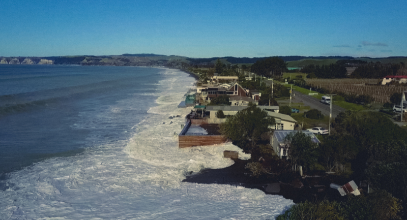 In March 2015 properties along the foreshore at Haumoana were engulfed by the tide.