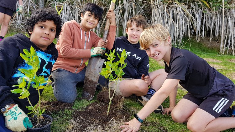 Group of school students planting trees 
