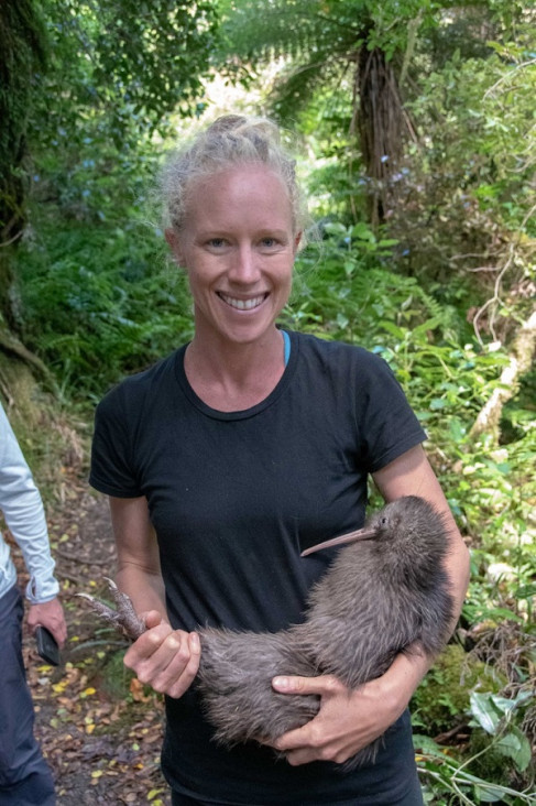 Taranaki Kiwi Trust volunteer Sian Potier holds Koko the kiwi